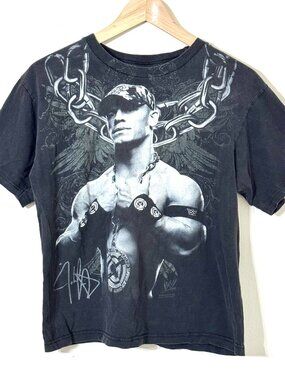 Vtg WWE John Cena 2008 T-Shirt Youth Lg World Champ Signature Hybrid Black White